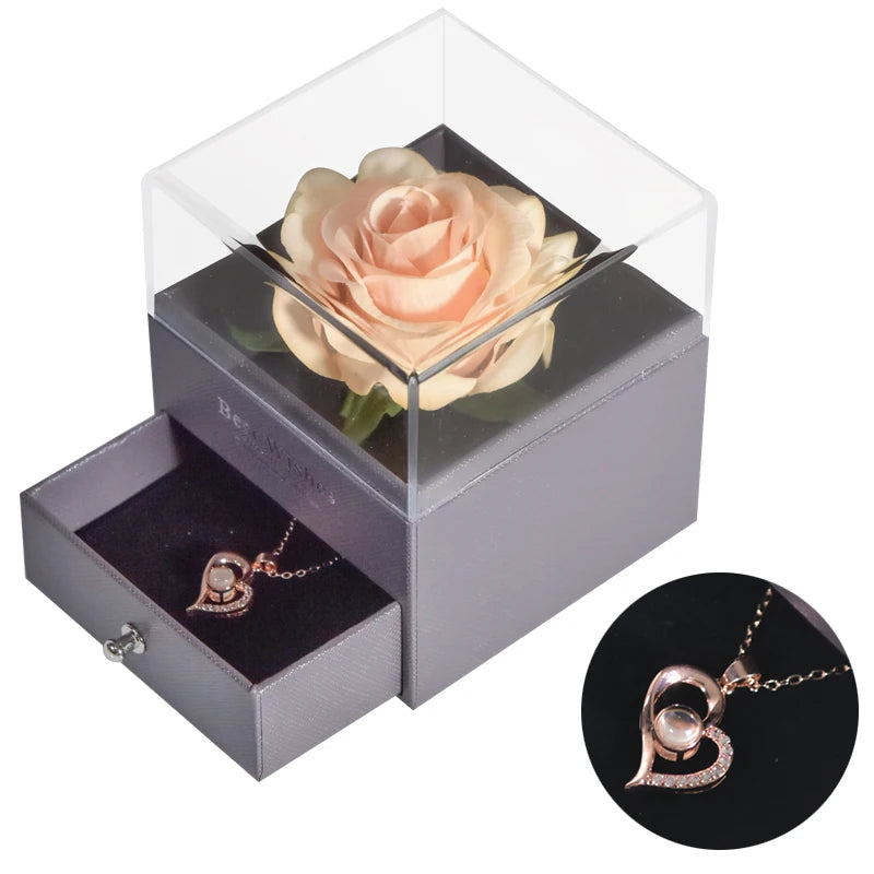 Mother’s Day Gift – Unfade Flower Eternal Rose with Jewelry Box & "I Love You" Necklace in 100 Languages 