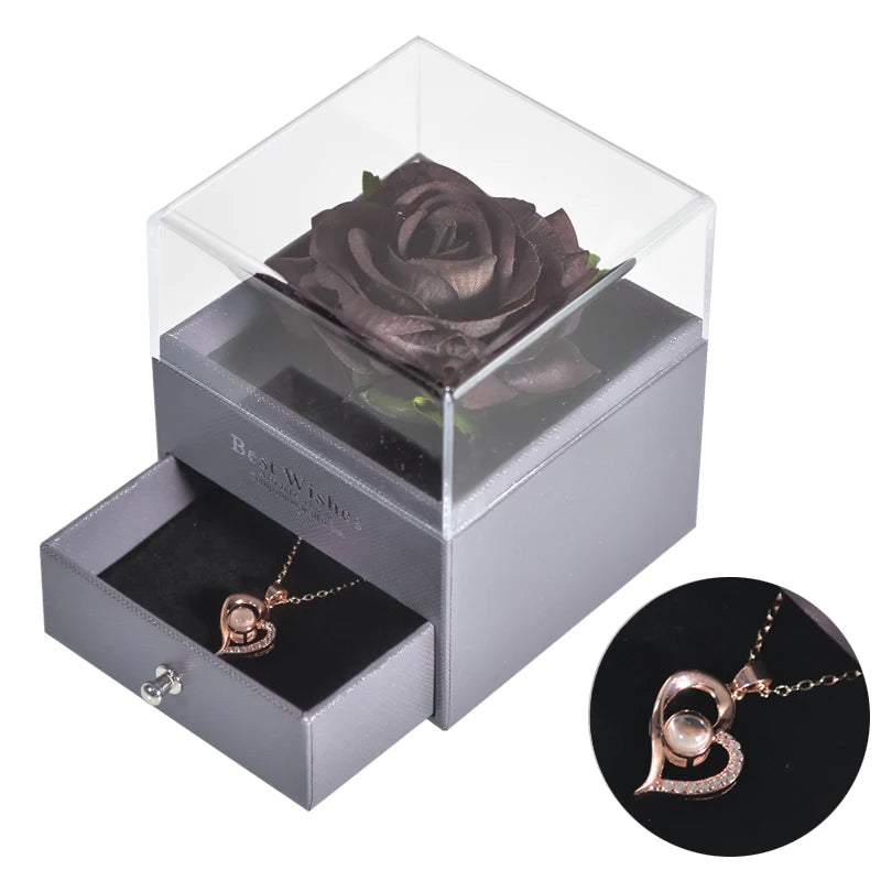 Mother’s Day Gift – Unfade Flower Eternal Rose with Jewelry Box & "I Love You" Necklace in 100 Languages 