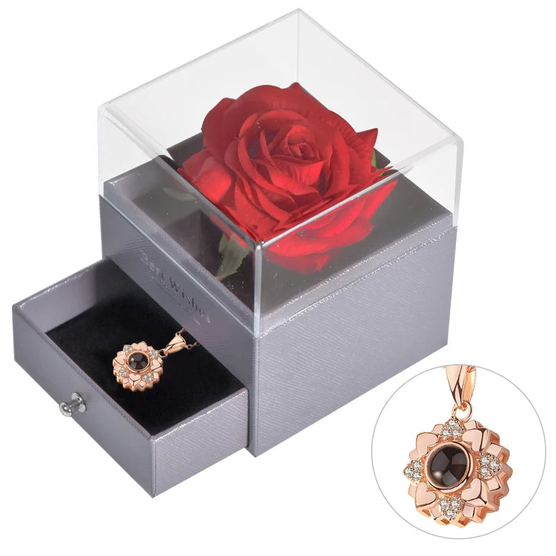 Mother’s Day Gift – Unfade Flower Eternal Rose with Jewelry Box & "I Love You" Necklace in 100 Languages 