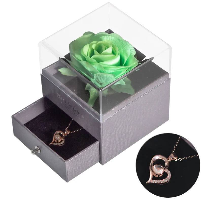 Mother’s Day Gift – Unfade Flower Eternal Rose with Jewelry Box & "I Love You" Necklace in 100 Languages 