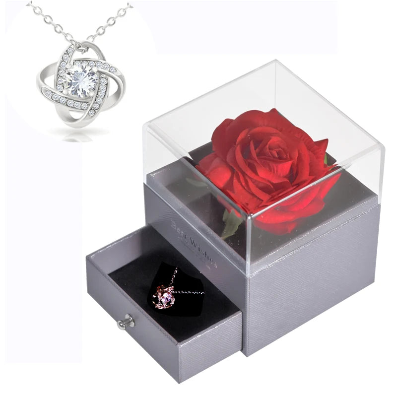 Mother’s Day Gift – Unfade Flower Eternal Rose with Jewelry Box & "I Love You" Necklace in 100 Languages 