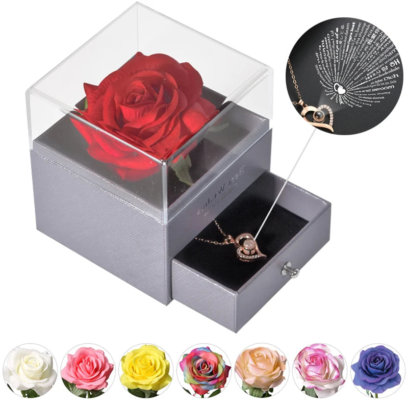 Mother’s Day Gift – Unfade Flower Eternal Rose with Jewelry Box & "I Love You" Necklace in 100 Languages 