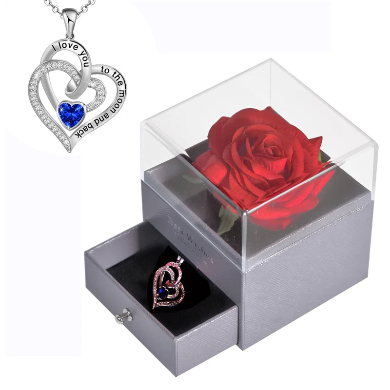 Mother’s Day Gift – Unfade Flower Eternal Rose with Jewelry Box & "I Love You" Necklace in 100 Languages 