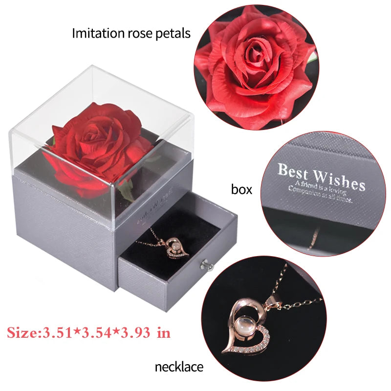 Mother’s Day Gift – Unfade Flower Eternal Rose with Jewelry Box & "I Love You" Necklace in 100 Languages 