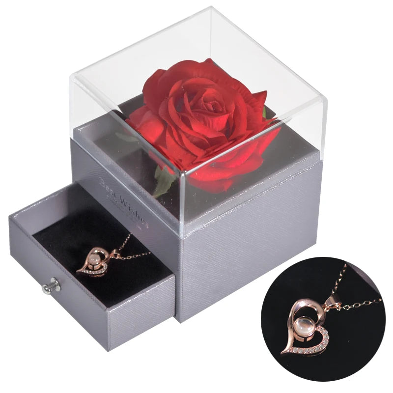 Mother’s Day Gift – Unfade Flower Eternal Rose with Jewelry Box & "I Love You" Necklace in 100 Languages 