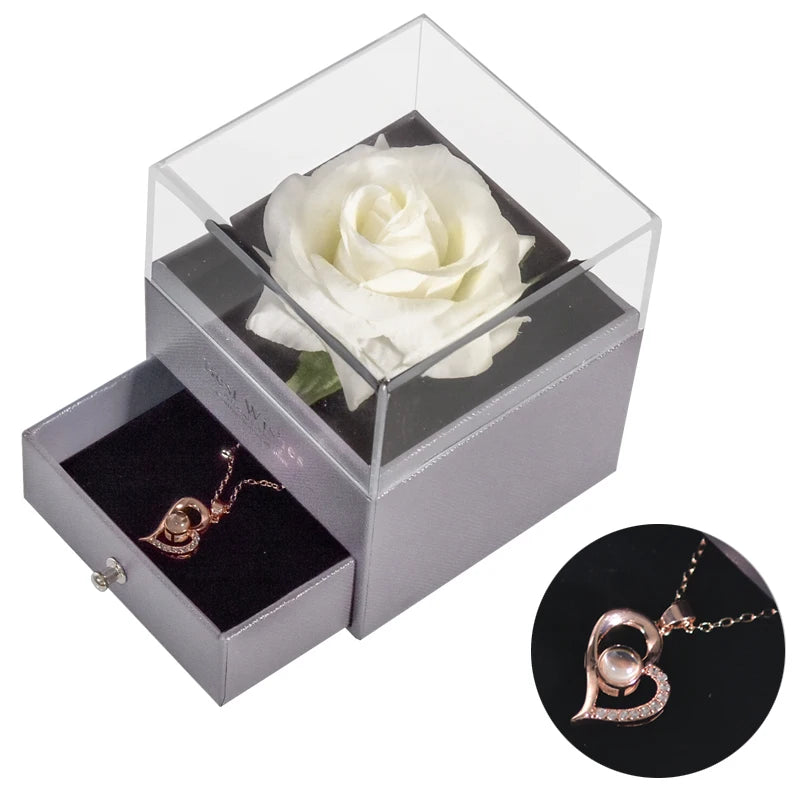 Mother’s Day Gift – Unfade Flower Eternal Rose with Jewelry Box & "I Love You" Necklace in 100 Languages 