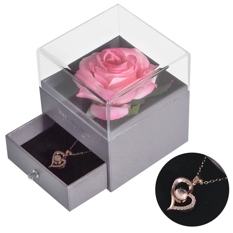 Mother’s Day Gift – Unfade Flower Eternal Rose with Jewelry Box & "I Love You" Necklace in 100 Languages 