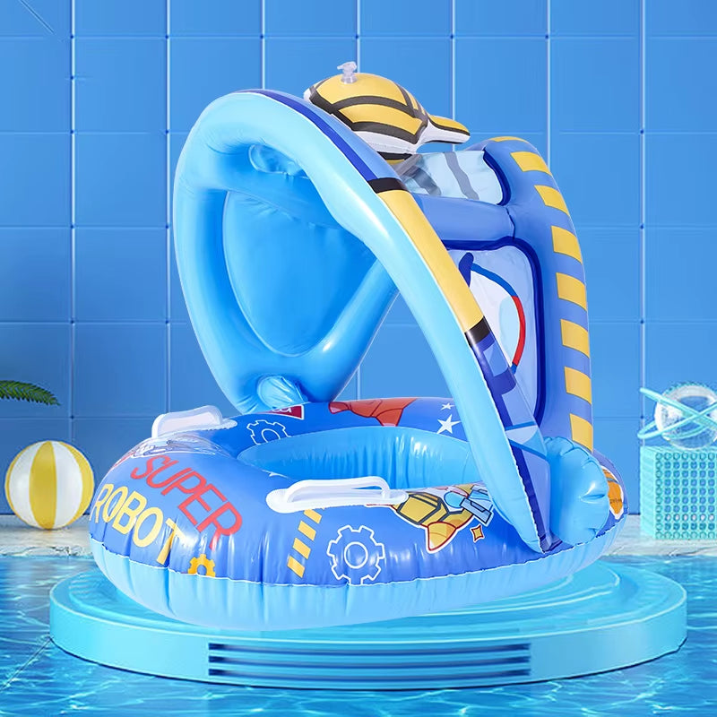 1 Pack PVC Inflatable Swimming Ring with Belting Sun Shade Pool Float