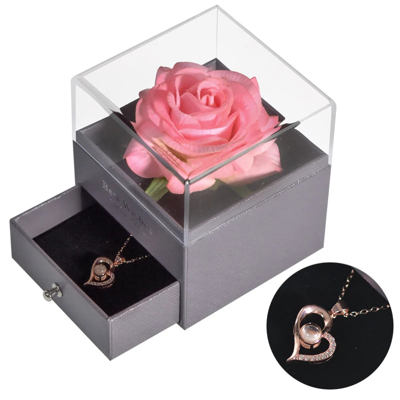 Mother’s Day Gift – Unfade Flower Eternal Rose with Jewelry Box & "I Love You" Necklace in 100 Languages 