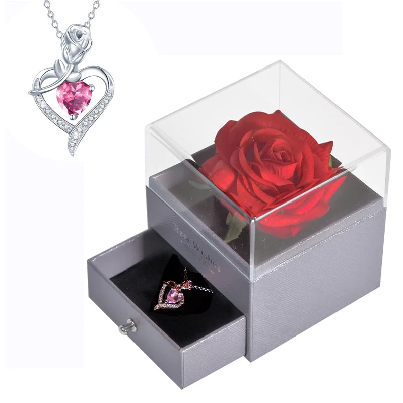 Mother’s Day Gift – Unfade Flower Eternal Rose with Jewelry Box & "I Love You" Necklace in 100 Languages 