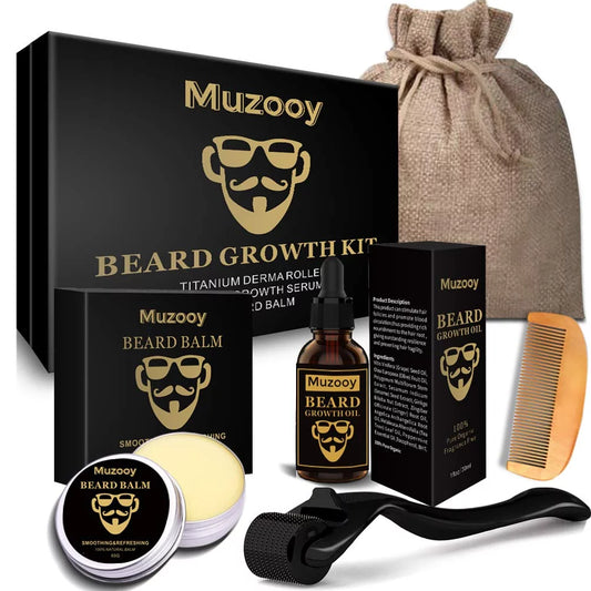 Beard Growth Kit for Men – Beard Oil Serum, Roller, Balm & Comb – Complete Facial Hair Growth Solution