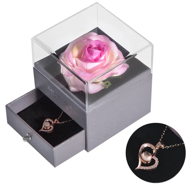 Mother’s Day Gift – Unfade Flower Eternal Rose with Jewelry Box & "I Love You" Necklace in 100 Languages 