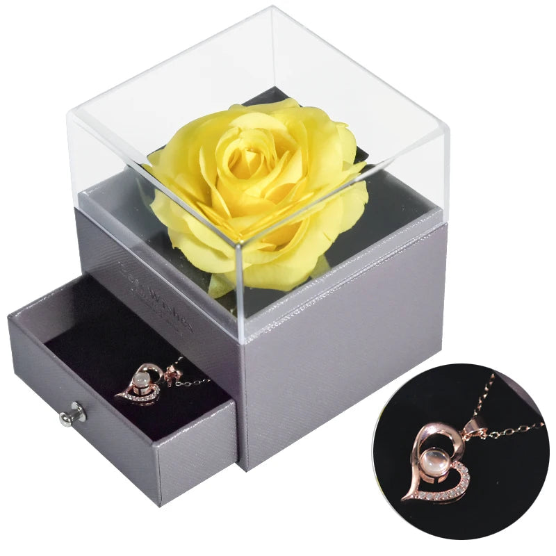 Mother’s Day Gift – Unfade Flower Eternal Rose with Jewelry Box & "I Love You" Necklace in 100 Languages 