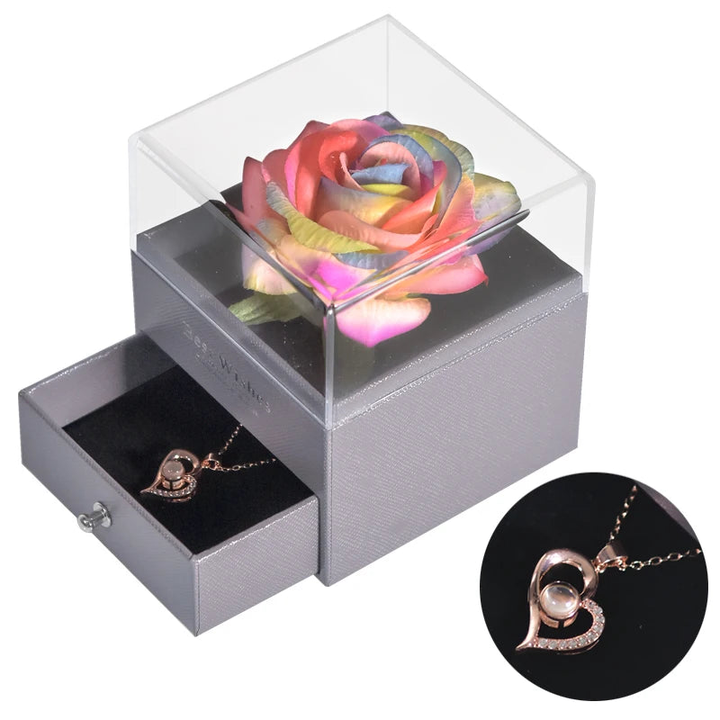 Mother’s Day Gift – Unfade Flower Eternal Rose with Jewelry Box & "I Love You" Necklace in 100 Languages 