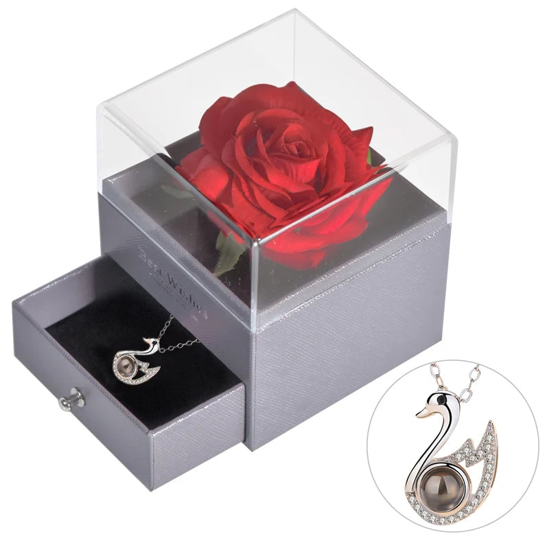 Mother’s Day Gift – Unfade Flower Eternal Rose with Jewelry Box & "I Love You" Necklace in 100 Languages 