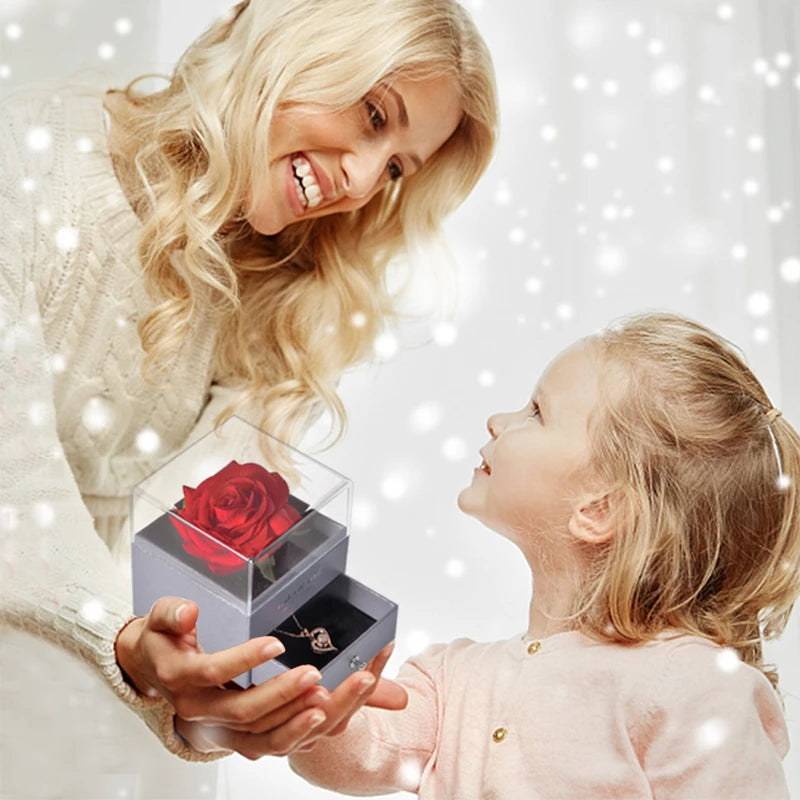 Mother’s Day Gift – Unfade Flower Eternal Rose with Jewelry Box & "I Love You" Necklace in 100 Languages 