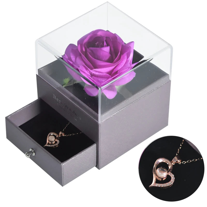 Mother’s Day Gift – Unfade Flower Eternal Rose with Jewelry Box & "I Love You" Necklace in 100 Languages 