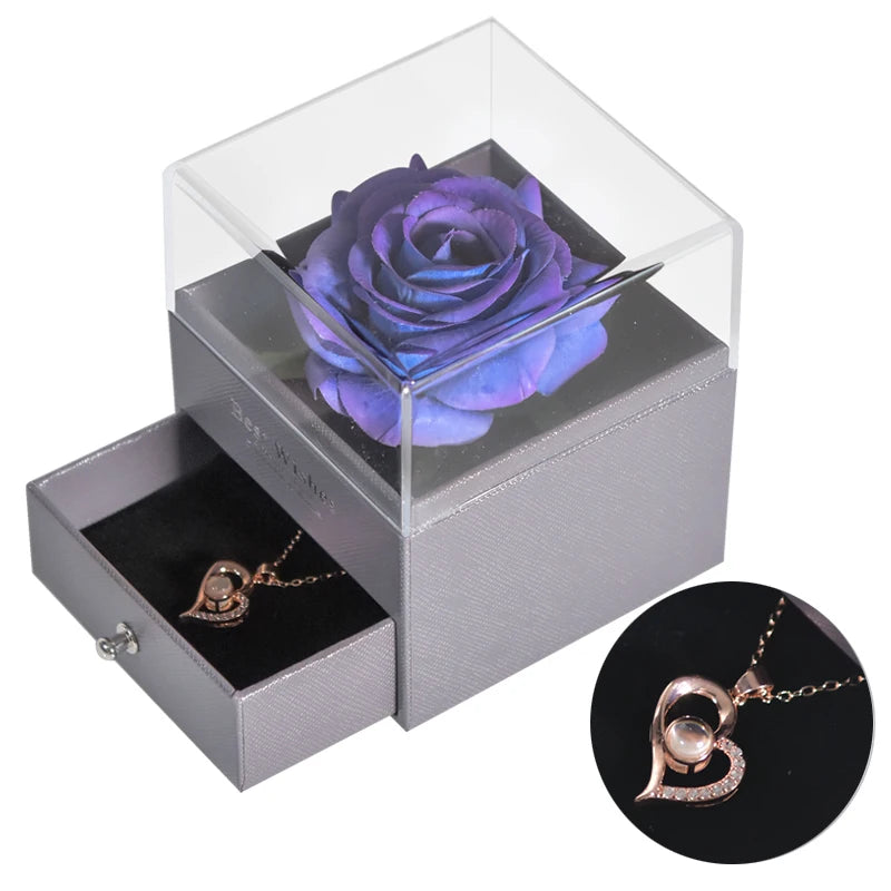 Mother’s Day Gift – Unfade Flower Eternal Rose with Jewelry Box & "I Love You" Necklace in 100 Languages 